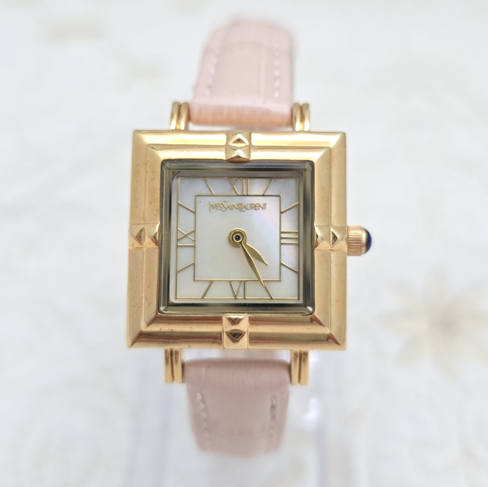 YSL Yves Saint Laurent Tank Watch 23mm Case Art Deco Mother of Pearl Pink Strap - Picture 10 of 11